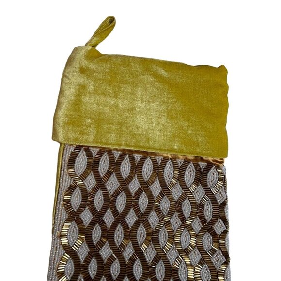Velvet & Beaded Christmas Stocking 18 Inch Gold & White Elegant Holiday Decor - Picture 3 of 6